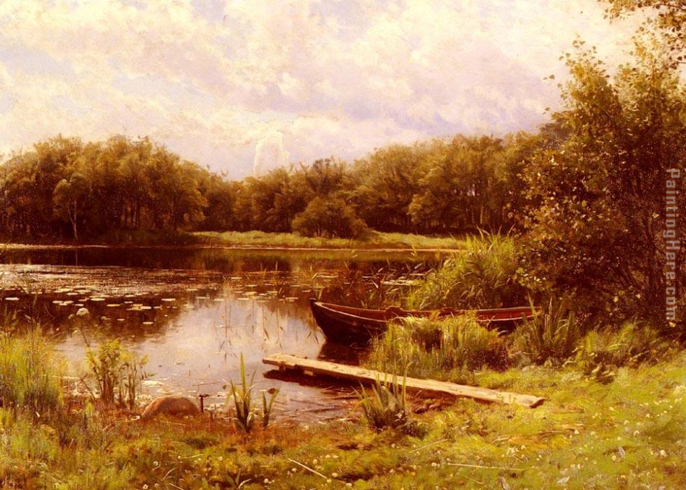Peder Mork Monsted A Boat Moored On A Quiet Lak